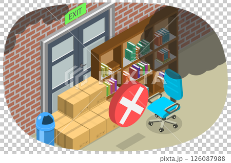 3D Isometric Flat  Illustration of Blocked Fire Exit, Emergency Preparedness Measures 126087988