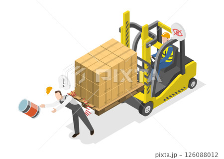 3D Isometric Flat Illustration of Industrial Accident, Man Injured After Warehouse Forklift Truck With Cargo Collision 3D Isometric Flat Illustration of Industrial Accident, Man Injured After Warehouse Forklift Truck With Cargo Collision 126088012