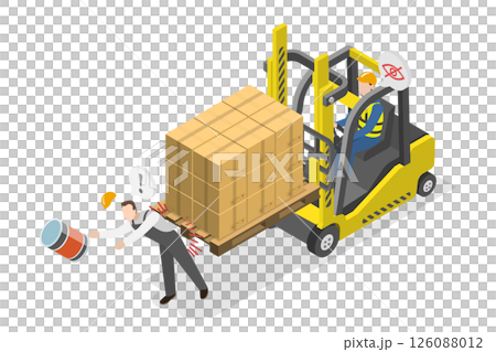 3D Isometric Flat  Illustration of Industrial Accident, Man Injured After Warehouse Forklift Truck With Cargo Collision 126088012