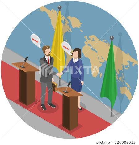 3D Isometric Flat Illustration of Diplomacy, International Diplomats Gather For Negotiations And Signing Of Agreements 3D Isometric Flat Illustration of Diplomacy, International Diplomats Gather For Negotiations And Signing Of Agreements 126088013