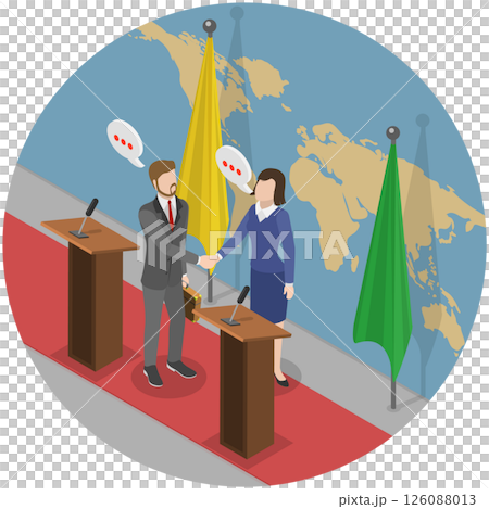 3D Isometric Flat  Illustration of Diplomacy, International Diplomats Gather For Negotiations And Signing Of Agreements 126088013
