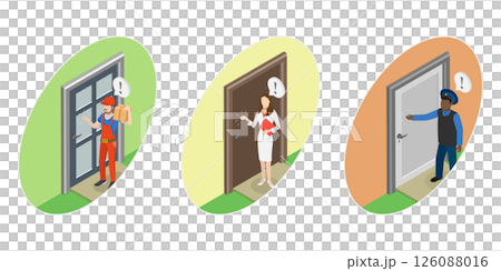 3D Isometric Flat Illustration of Characters Knocking On Door, Entrance to Apartment or Office 3D Isometric Flat Illustration of Characters Knocking On Door, Entrance to Apartment or Office 126088016