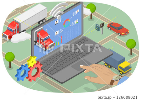 3D Isometric Flat  Illustration of Fleet Management Software, Enhanced Operational Efficiency And Control 126088021