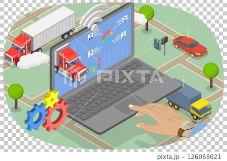 3D Isometric Flat  Illustration of Fleet Management Software, Enhanced Operational Efficiency And Control 126088021