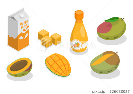 3D Isometric Flat  Set of Mango Fruit, Whole Fruits And Sliced Pieces 126088027