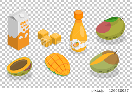 3D Isometric Flat  Set of Mango Fruit, Whole Fruits And Sliced Pieces 126088027