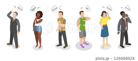 3D Isometric Flat  Illustration of Sign Language, Character Showing Simple Sign Language Phrases, Greetings, Thank You, Help, Family 126088028