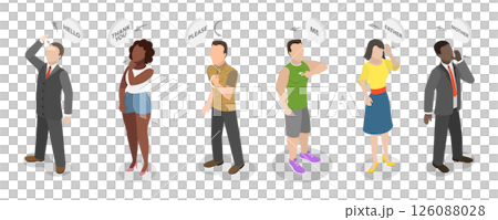 3D Isometric Flat  Illustration of Sign Language, Character Showing Simple Sign Language Phrases, Greetings, Thank You, Help, Family 126088028