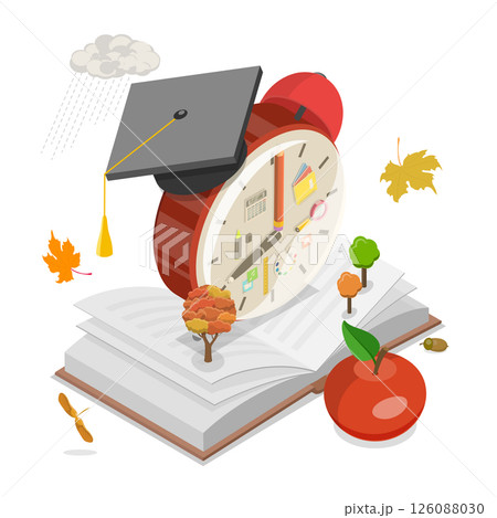 3D Isometric Flat  Illustration of Back To School, School-Themed Background Featuring Alarm Clock And Graduation Cap 126088030
