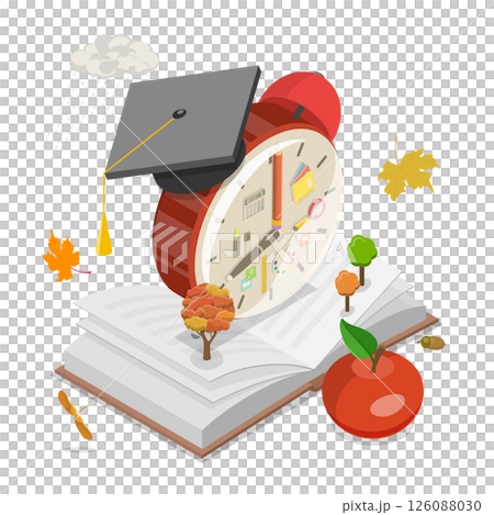 3D Isometric Flat  Illustration of Back To School, School-Themed Background Featuring Alarm Clock And Graduation Cap 126088030