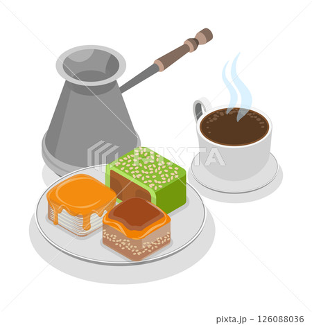 3D Isometric Flat  Illustration of Turkish Sweets, Baklava And Coffee Cup 126088036