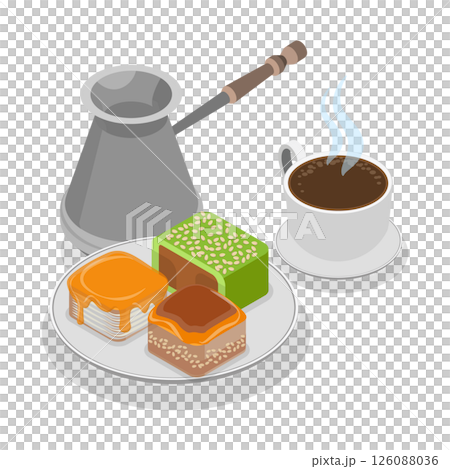 3D Isometric Flat  Illustration of Turkish Sweets, Baklava And Coffee Cup 126088036