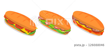 3D Isometric Flat  Illustration of baguette Sandwiches, Fast Food, Snacks 126088046