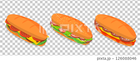 3D Isometric Flat  Illustration of baguette Sandwiches, Fast Food, Snacks 126088046