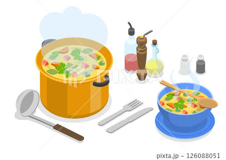 3D Isometric Flat  Illustration of Delicious Vegetarian Food , Cooking Soup With Kitchen Tools, Spices, And Serving In A Hot Dish. 126088051