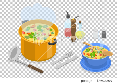 3D Isometric Flat  Illustration of Delicious Vegetarian Food , Cooking Soup With Kitchen Tools, Spices, And Serving In A Hot Dish. 126088051