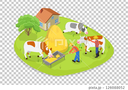 3D Isometric Flat Illustration of Rural Countryside, Agricultural Worker Providing Sustenance To Livestock 3D Isometric Flat Illustration of Rural Countryside, Agricultural Worker Providing Sustenance To Livestock 126088052