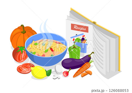 3D Isometric Flat  Illustration of Recipe Book, Homemade Preparation Food 126088053