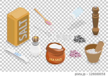 3D Isometric Flat  Set of Salt Containers and Other Items, Baking and Cooking Ingredient 126088058