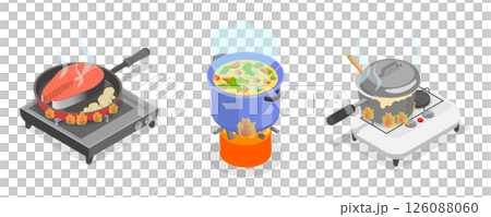 3D Isometric Flat  Set of Field Kitchen Elements, Cooking Food On Camp Stoves 126088060
