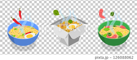 3D Isometric Flat  Set of Ramen Bowls, Chinese And Japanese Noodles 126088062
