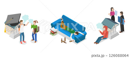 3D Isometric Flat  Illustration of Teenagers Bad Habits, Unhealthy Lifestyle 126088064