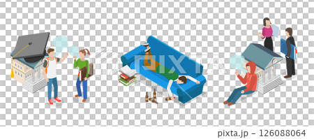 3D Isometric Flat  Illustration of Teenagers Bad Habits, Unhealthy Lifestyle 126088064