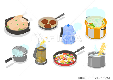 3D Isometric Flat  Set of Cooking Pans and Pots, Preparing Home Food 126088068