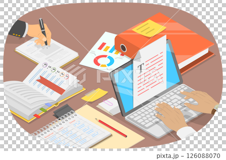 3D Isometric Flat Illustration of Business Person Workplace, Work With A Laptop Computer 3D Isometric Flat Illustration of Business Person Workplace, Work With A Laptop Computer 126088070