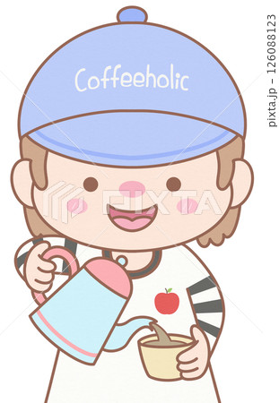 Cute Cartoon Barista Boy Pouring Hot Coffee Cute Cartoon Barista Boy Pouring Hot Coffee 126088123