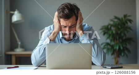 Stressed employees working at laptops showing fatigue and frustration during long work hours 126088156