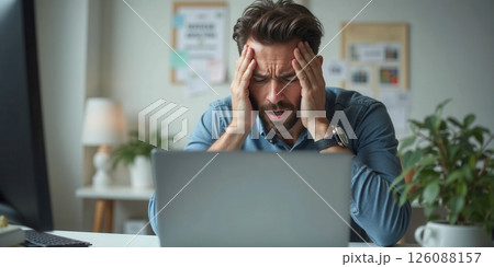 Stressed employees working at laptops showing fatigue and frustration during long work hours 126088157