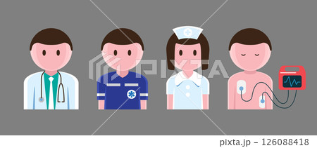 Cartoon illustration of CPR professionals team . There are doctor, paramedic or EMT, nurse and a patient connected to AED device . Vector . 126088418