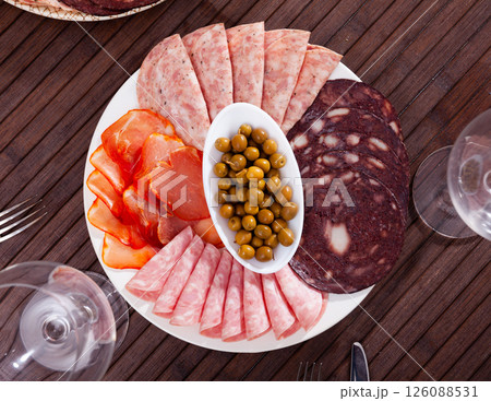 Meat platter from pork loin, salami, blood sausage with olives 126088531