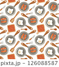 Seamless breakfast pattern with pans, eggs, bacon and utensils 126088587