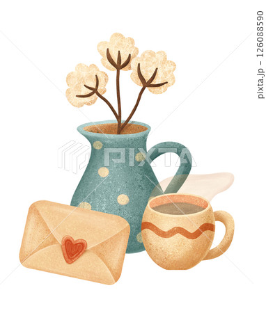 Cozy Still Life with Cotton Flowers Jug Coffee Cup and Envelope in Rustic Style 126088590