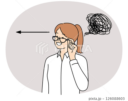 Woman smiling adjusts glasses and looks away standing near arrow and tangled long line Woman smiling adjusts glasses and looks away standing near arrow and tangled long line 126088603