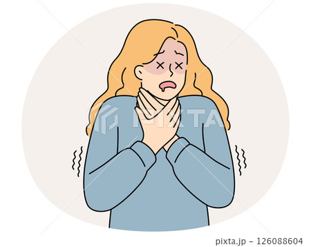 Woman has health problems and suffocates grabs neck suffers from psychological illness Woman has health problems and suffocates grabs neck suffers from psychological illness 126088604