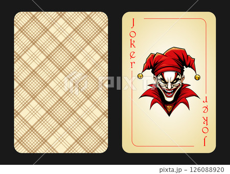 Playing card joker with the image of a jolly jester in a red jesters cap. Red joker 126088920