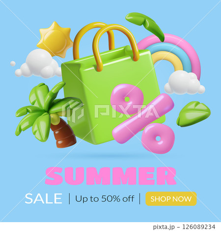 Summer sale background with 3d shopping bag pink inflated percentage sign palm tree sun and rainbow Summer sale background with 3d shopping bag pink inflated percentage sign palm tree sun and rainbow 126089234