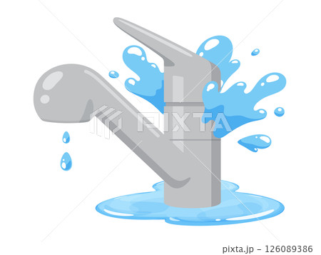 キッチンの水道が故障して水漏れしたイラスト 126089386
