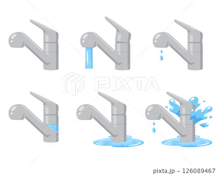 キッチンの水道が故障して水漏れしたイラスト素材セット 126089467