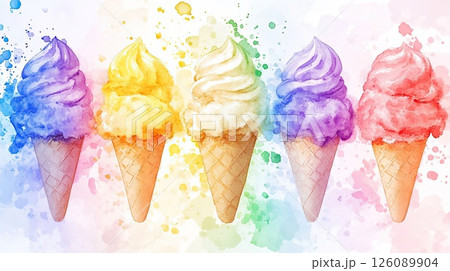 Watercolor illustration of five colorful ice cream cones in row with paint splashes on soft pastel background. Ideal for themes related to summer treats, desserts or artistic food depiction 126089904