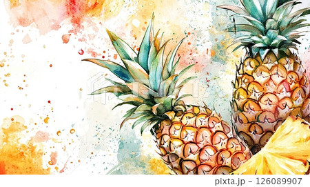 Dynamic watercolor depiction of pineapples with paint splatters on textured backdrop of yellow, red and blue, suitable for conveying freshness, artistic expression or tropical vibes 126089907