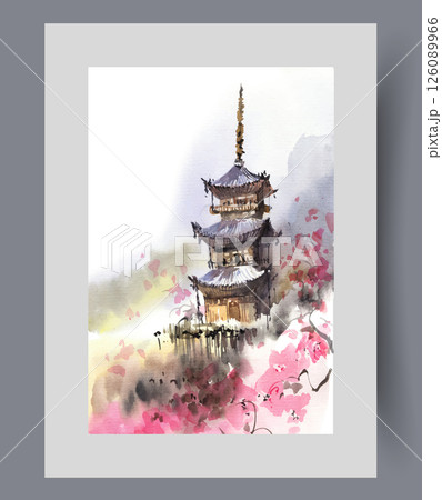 Japanese pagoda built on mountainside among sakura branches on wall art. Watercolor artwork 126089966