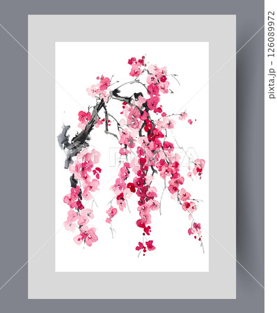 Branch of blossoming sakura tree from Japanese tourist region on wall art. Watercolor artwork Branch of blossoming sakura tree from Japanese tourist region on wall art. Watercolor artwork 126089972