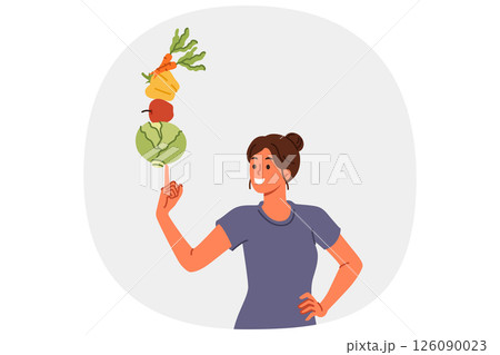 Woman follows balanced diet of vegetables leads healthy lifestyle thanks to proper nutrition 126090023