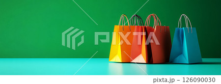 A vibrant set of colorful shopping bags stacked against a green backdrop, in sleek minimal design, great for fashion marketing, retail banners, and modern flyers, banner A vibrant set of colorful shopping bags stacked against a green backdrop, in sleek minimal design, great for fashion marketing, retail banners, and modern flyers, banner 126090030