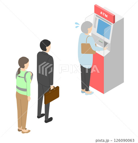ATMに並ぶ人々と焦るおばあさん・アイソメトリック 126090063
