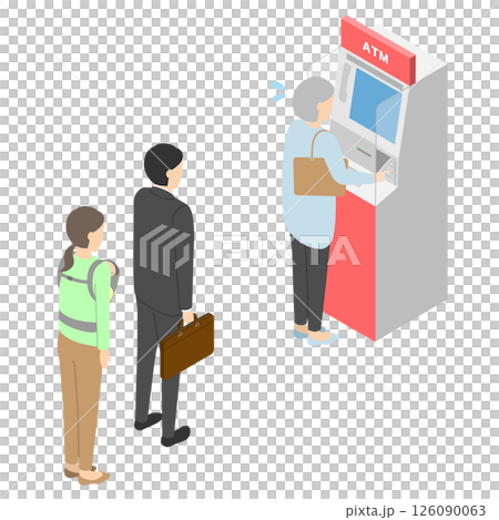 ATMに並ぶ人々と焦るおばあさん・アイソメトリック 126090063
